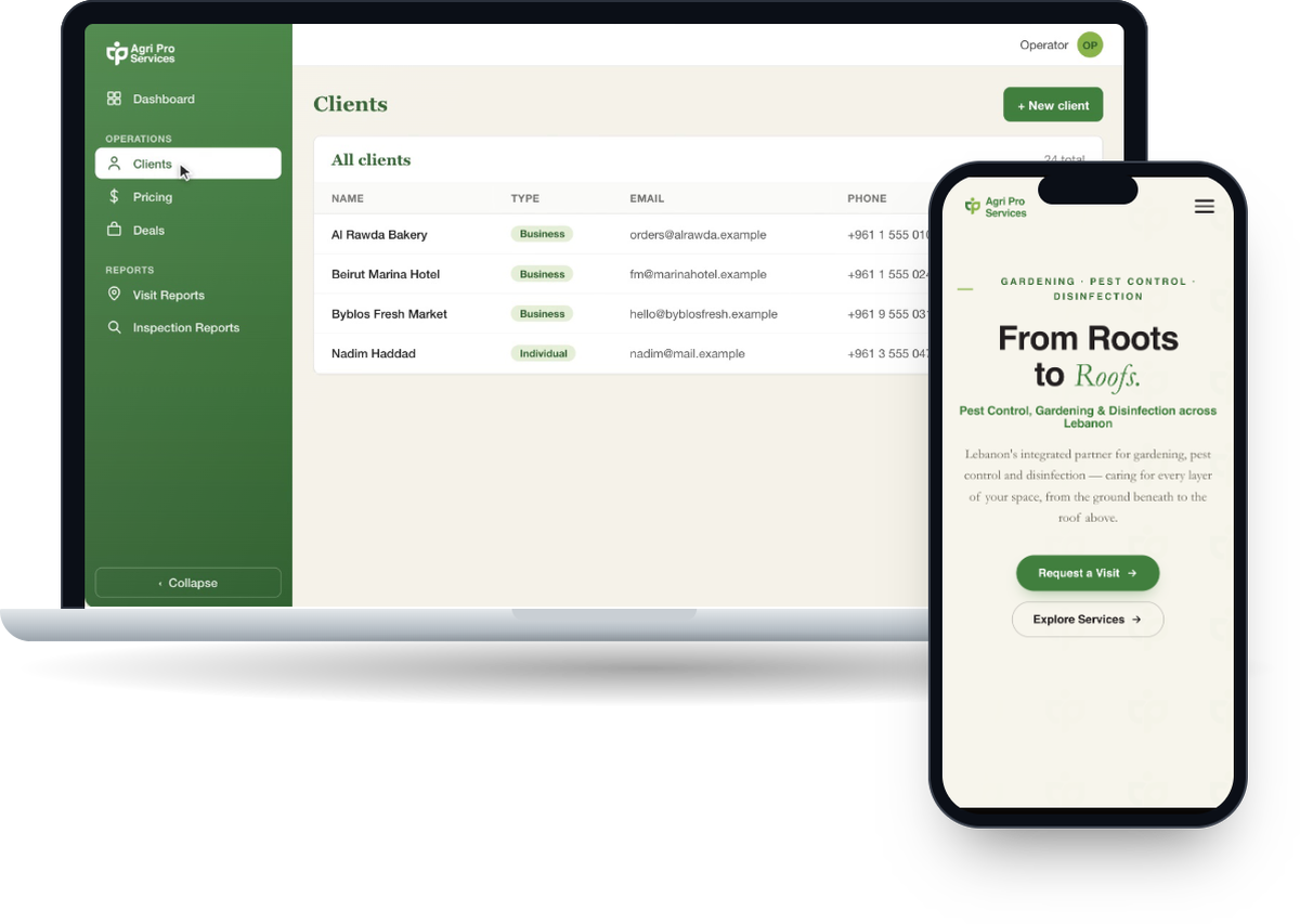 Agri Pro Services operations system and landing page built by kaprera