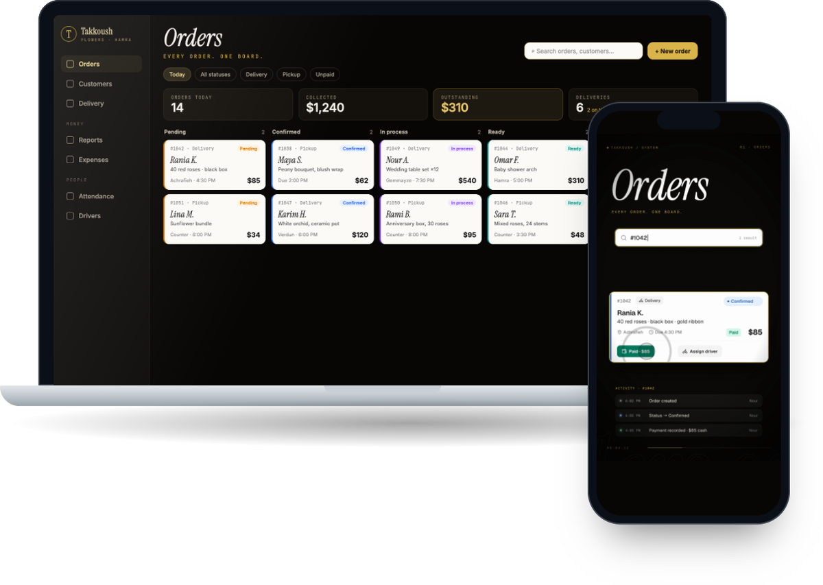 Takkoush Flowers order and operations system on desktop and mobile, built by kaprera