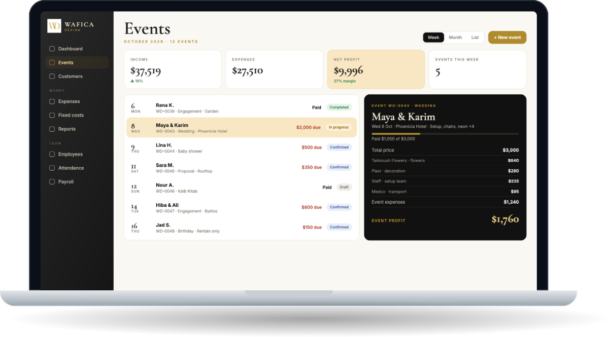 Wafica Design events management system built by kaprera